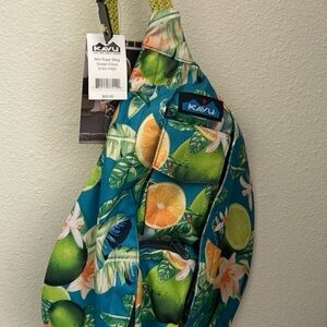 KAVU Mini Rope Sling Ocean Citrus Bag with Blue and Green Leaf Print 919-1169